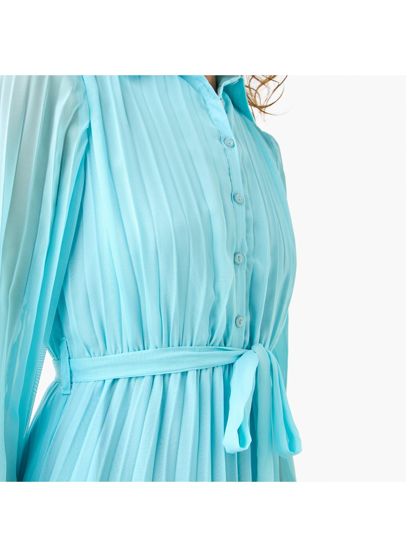 Pleated Midi Dress with Collar and Tie-Up Belt