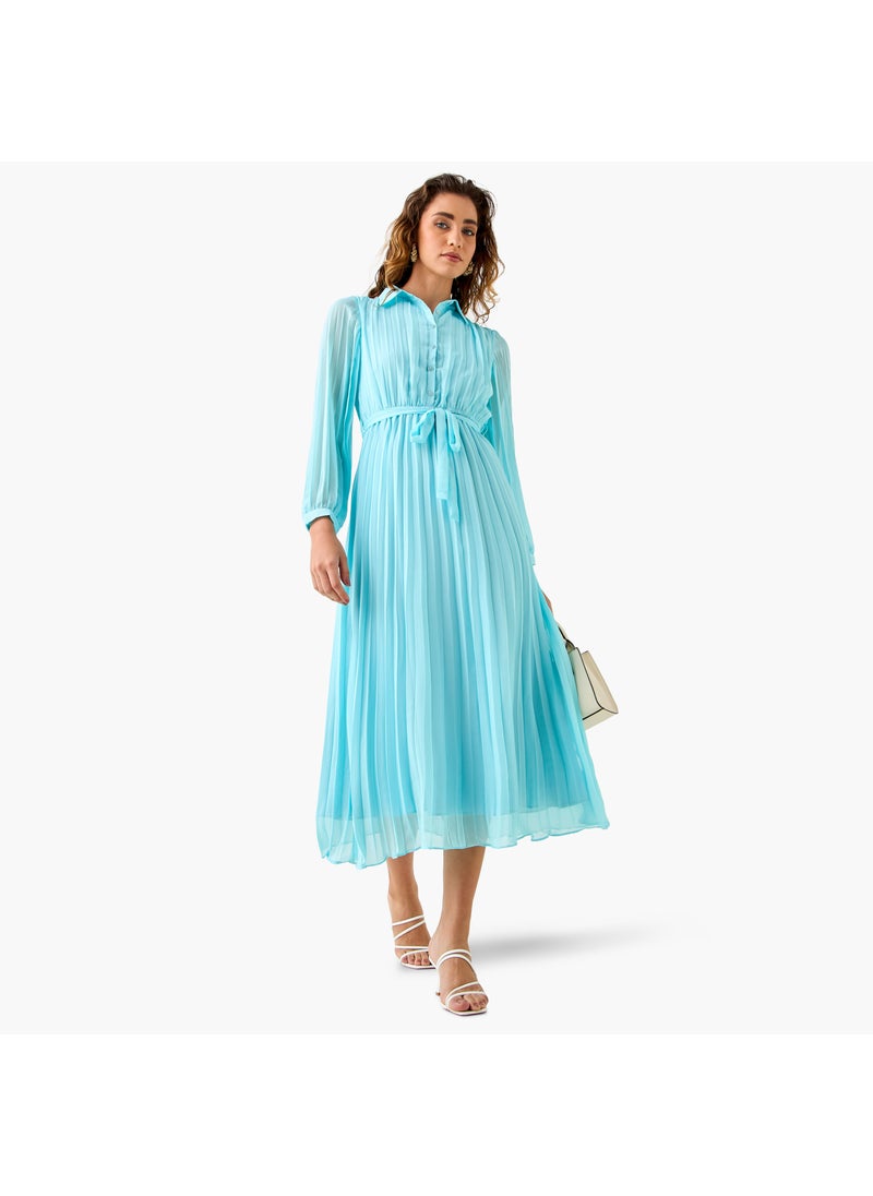 Pleated Midi Dress with Collar and Tie-Up Belt