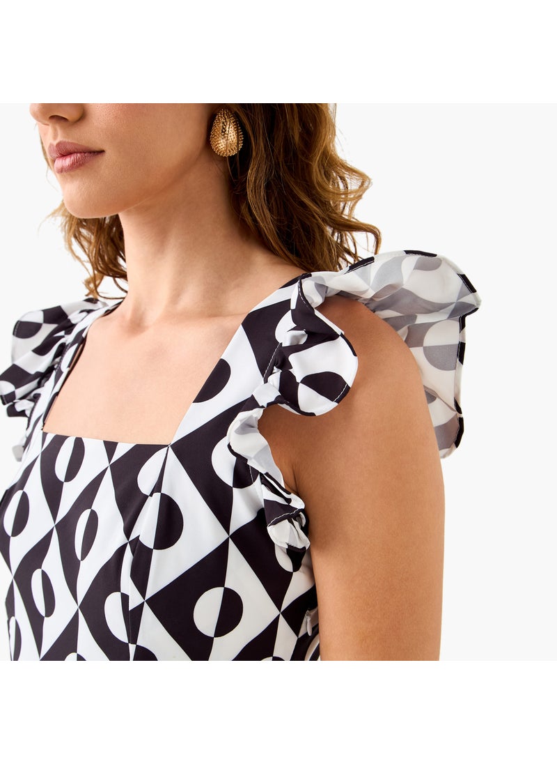 Pleated Midi Dress with Ruffle Sleeves