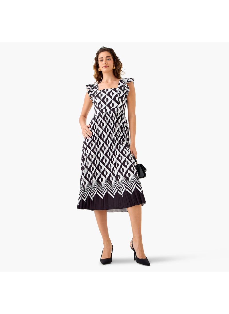 Pleated Midi Dress with Ruffle Sleeves