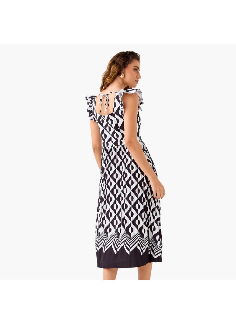 Pleated Midi Dress with Ruffle Sleeves