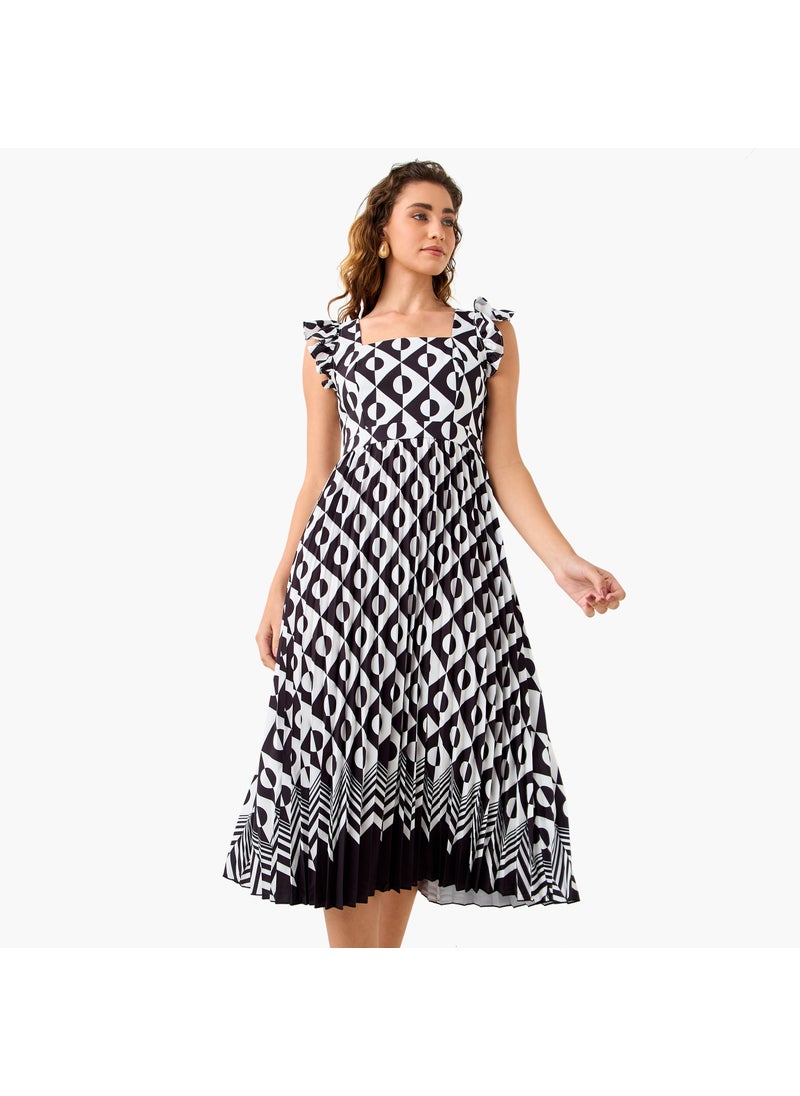 Pleated Midi Dress with Ruffle Sleeves