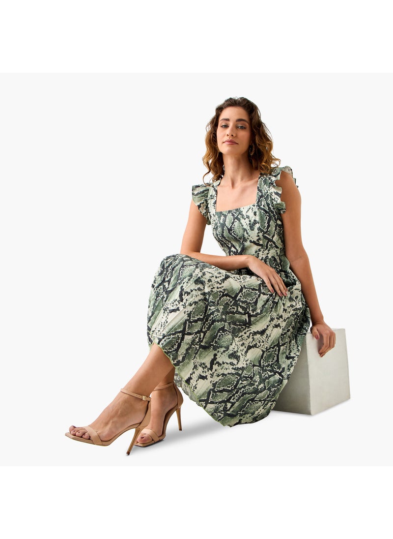 Pleated Midi Dress with Ruffle Sleeves