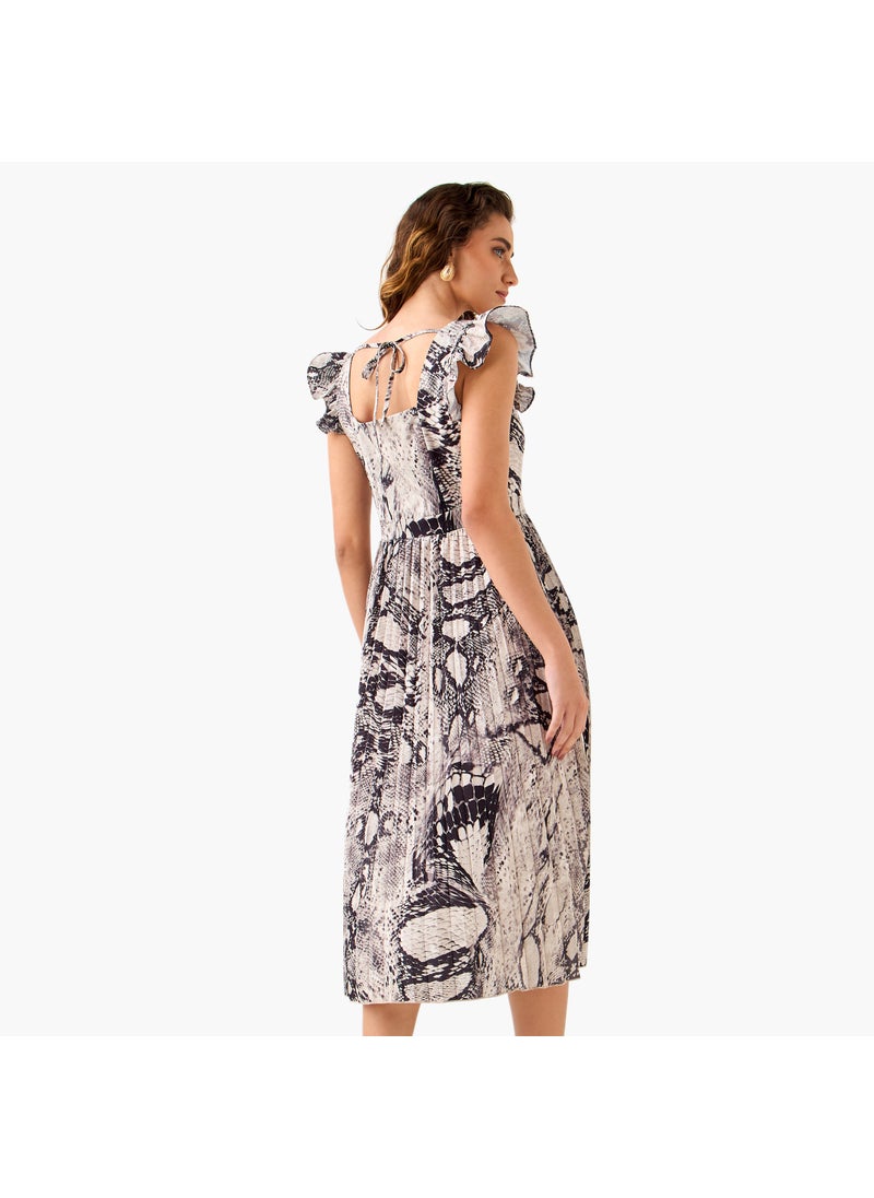 Pleated Midi Dress with Ruffle Sleeves