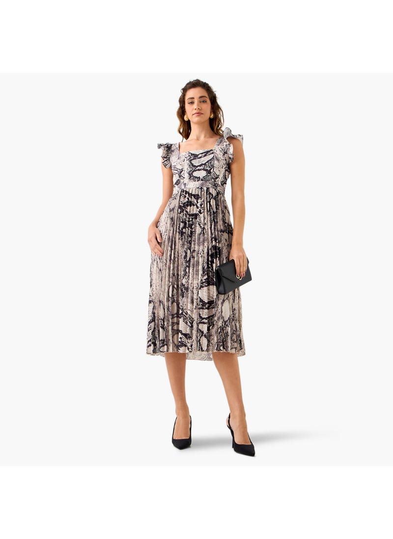 Pleated Midi Dress with Ruffle Sleeves