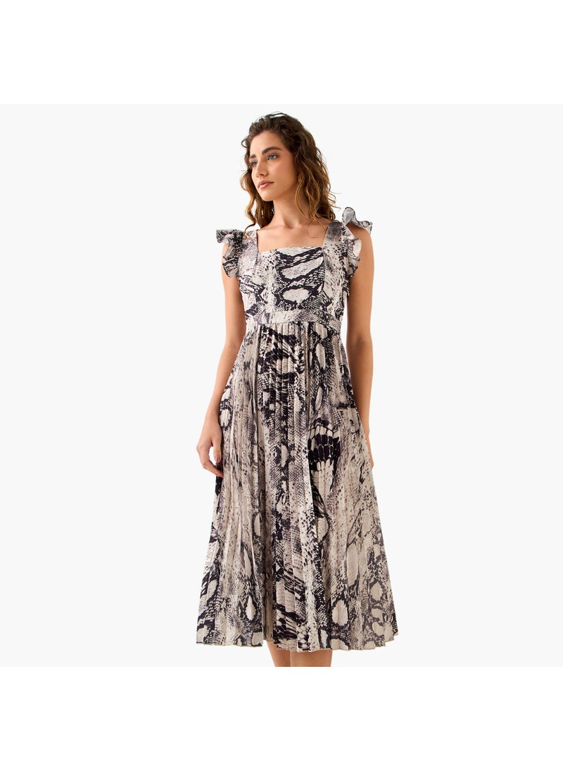 Pleated Midi Dress with Ruffle Sleeves