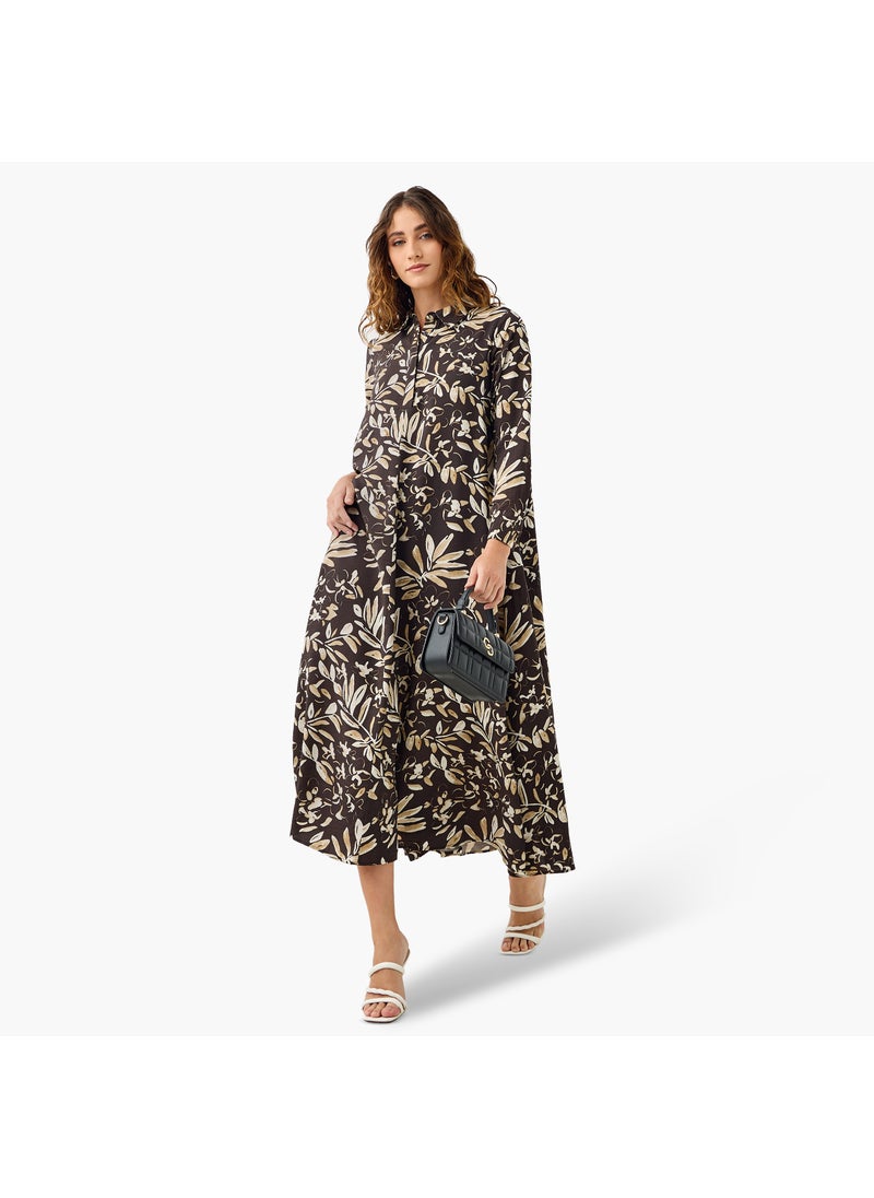 Iconic Floral Print Trapeze Midi Dress with Collar and Long Sleeves