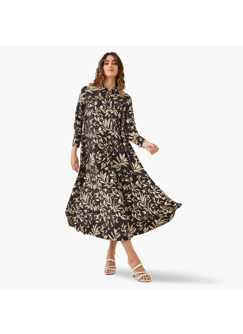 Iconic Floral Print Trapeze Midi Dress with Collar and Long Sleeves