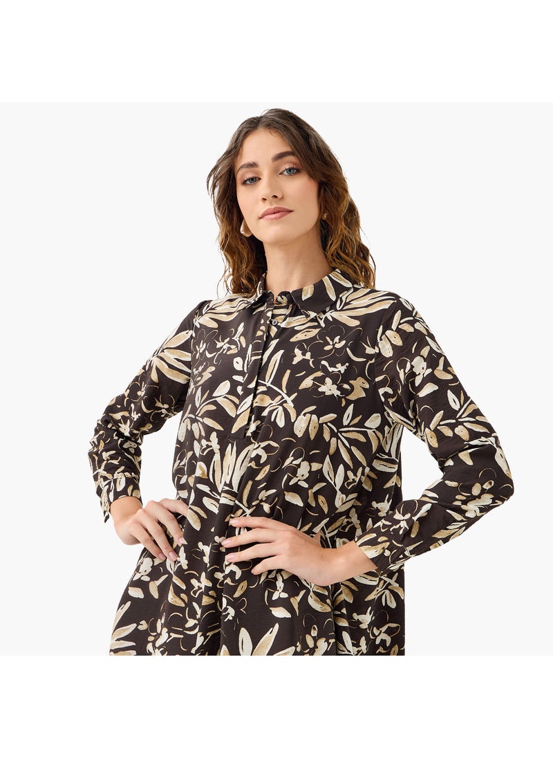 Iconic Floral Print Trapeze Midi Dress with Collar and Long Sleeves