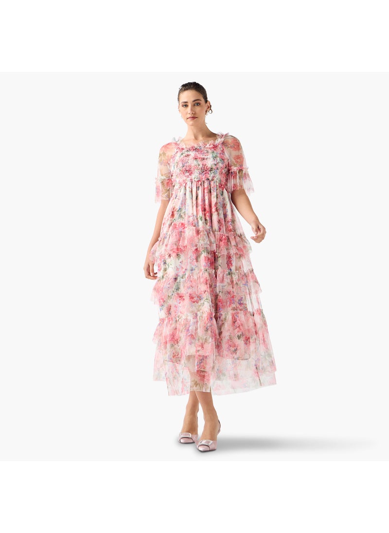 2Xtremz Floral Print Midi Dress with Ruffle Detail
