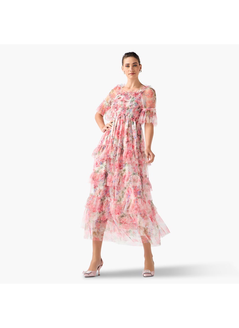 2Xtremz Floral Print Midi Dress with Ruffle Detail