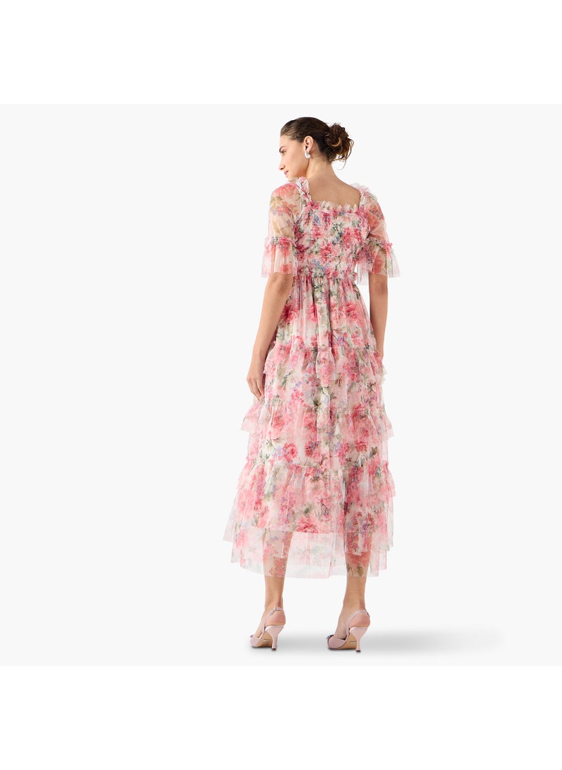2Xtremz Floral Print Midi Dress with Ruffle Detail