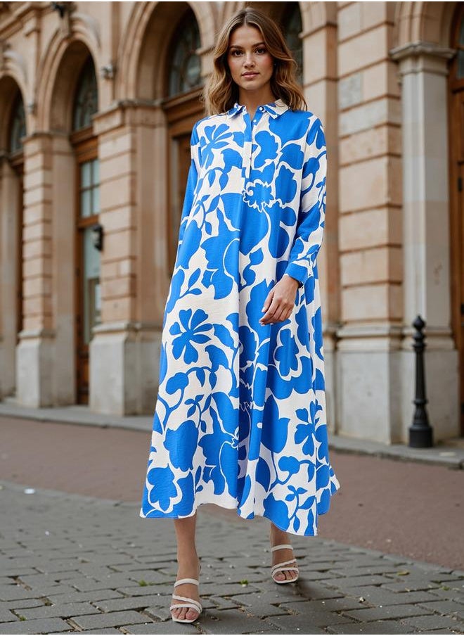Iconic Floral Print Trapeze Midi Dress with Collar and Long Sleeves