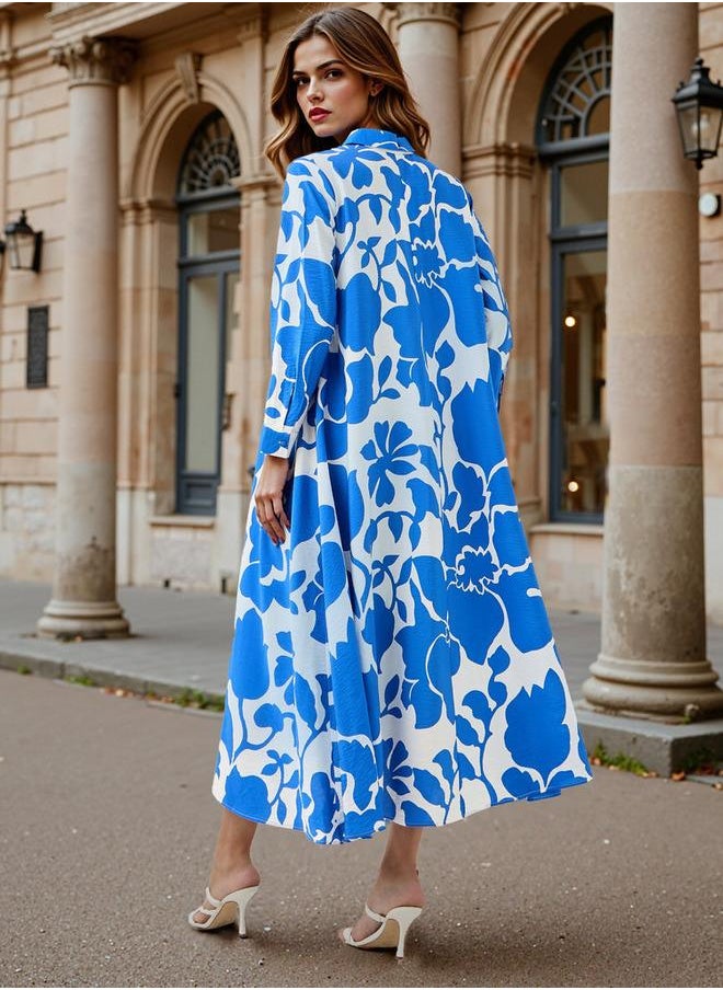 Iconic Floral Print Trapeze Midi Dress with Collar and Long Sleeves