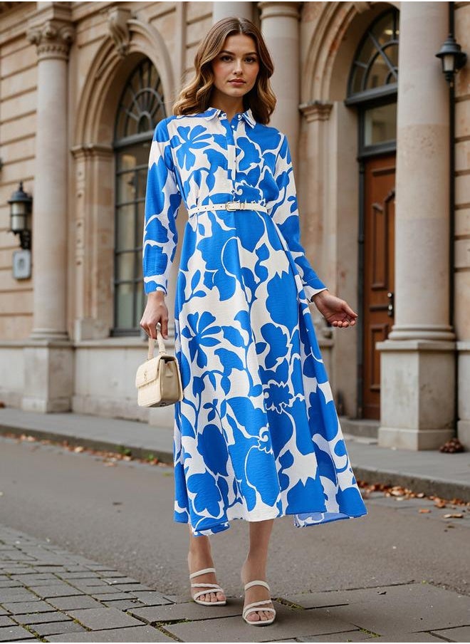 Iconic Floral Print Trapeze Midi Dress with Collar and Long Sleeves