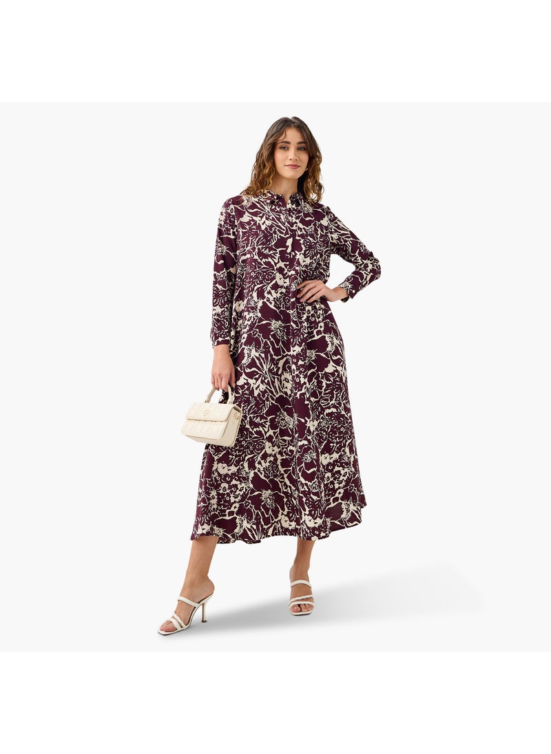 Iconic Floral Print Trapeze Midi Dress with Collar and Long Sleeves