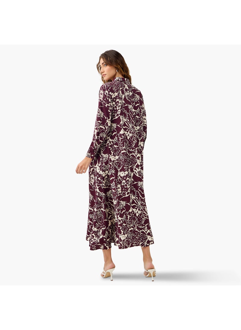 Iconic Floral Print Trapeze Midi Dress with Collar and Long Sleeves