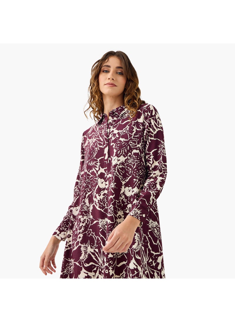 Iconic Floral Print Trapeze Midi Dress with Collar and Long Sleeves