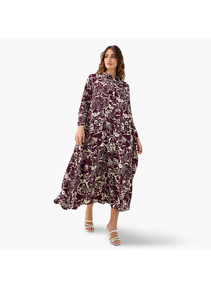 Iconic Floral Print Trapeze Midi Dress with Collar and Long Sleeves