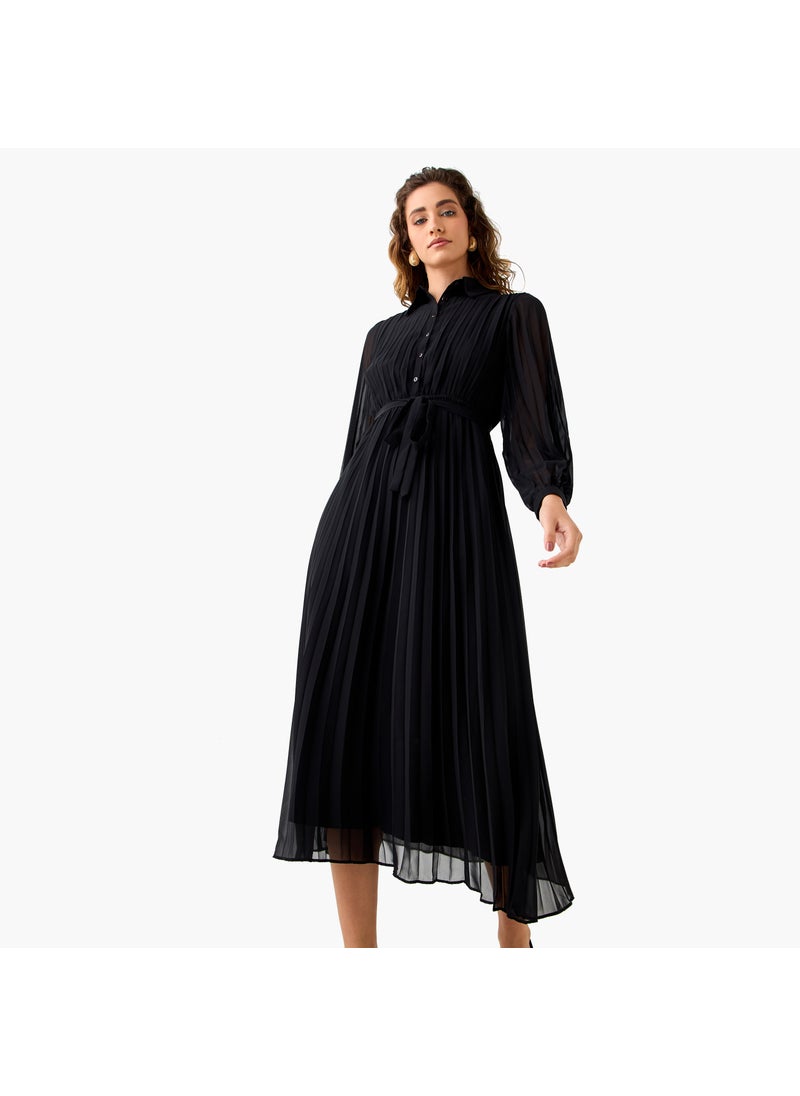 Pleated Midi Dress with Collar and Tie-Up Belt