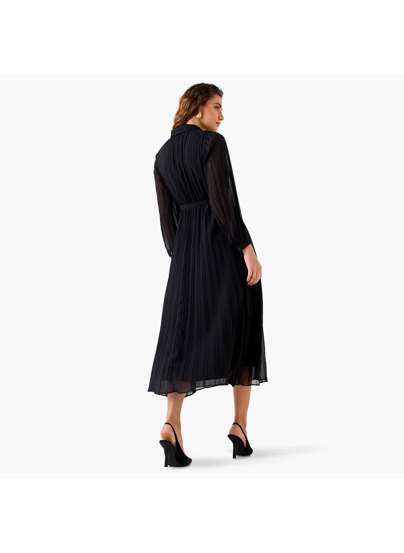 Pleated Midi Dress with Collar and Tie-Up Belt