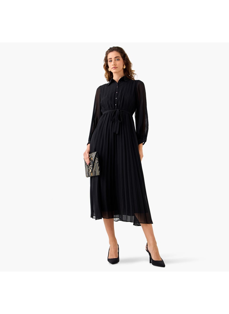Pleated Midi Dress with Collar and Tie-Up Belt