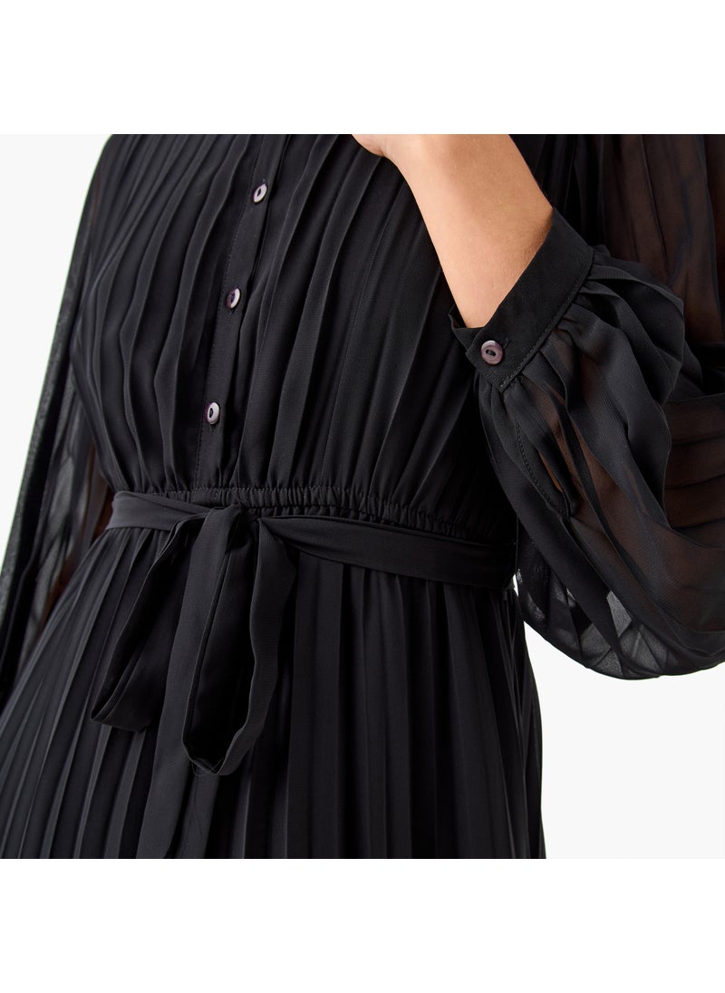 Pleated Midi Dress with Collar and Tie-Up Belt
