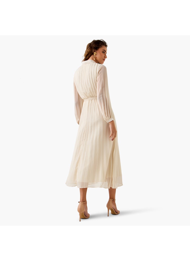 Pleated Midi Dress with Collar and Tie-Up Belt