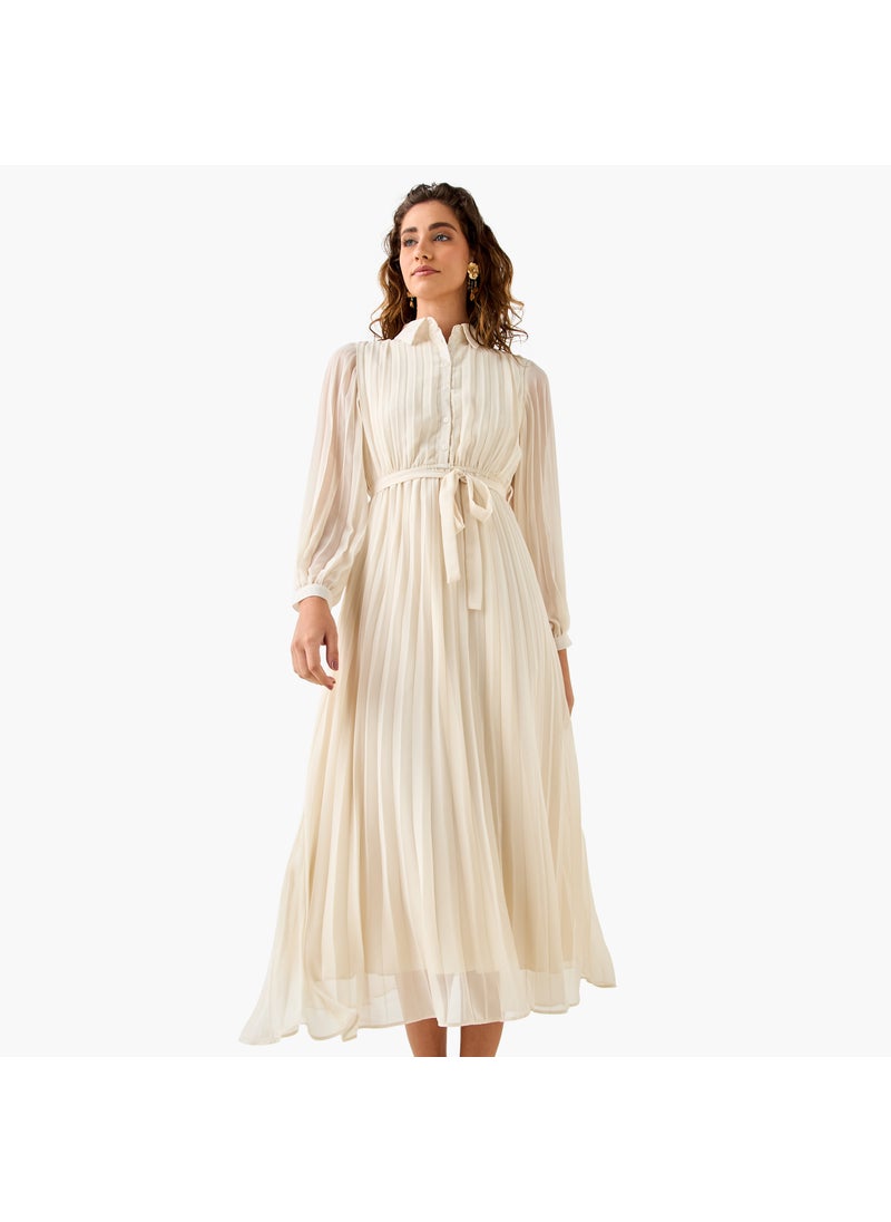 Pleated Midi Dress with Collar and Tie-Up Belt