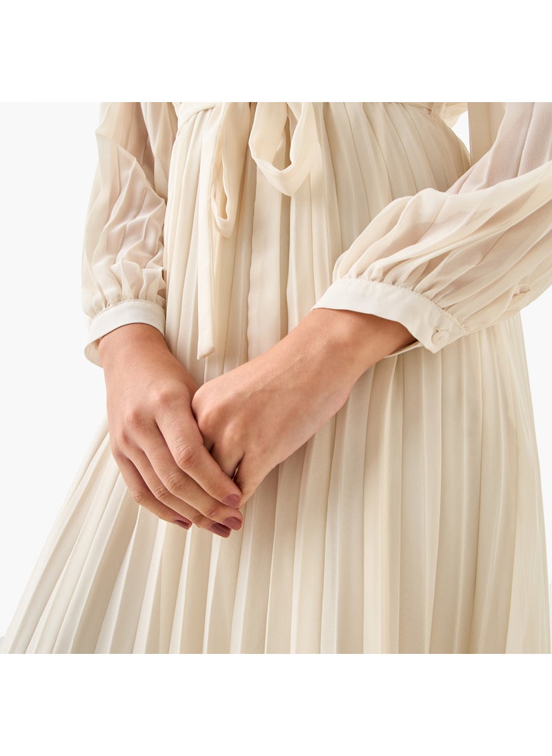 Pleated Midi Dress with Collar and Tie-Up Belt