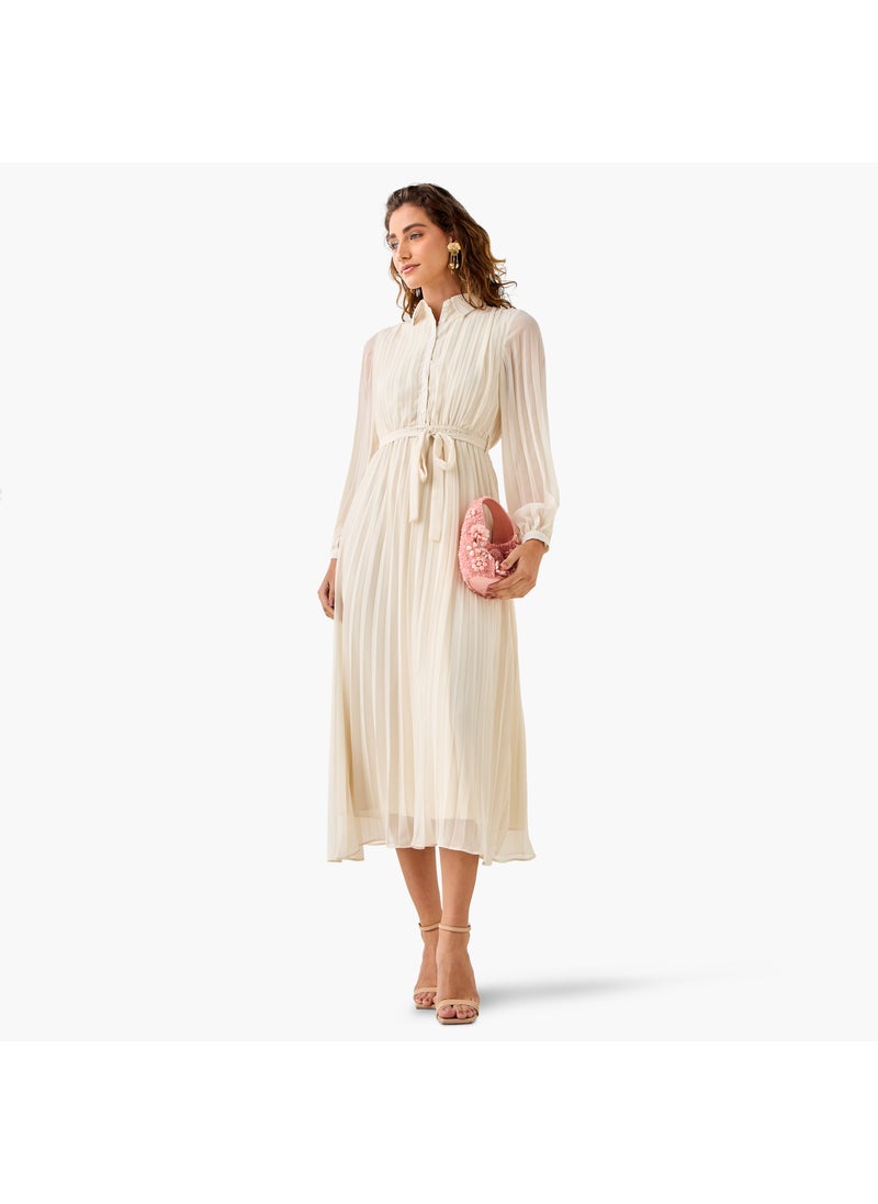 Pleated Midi Dress with Collar and Tie-Up Belt