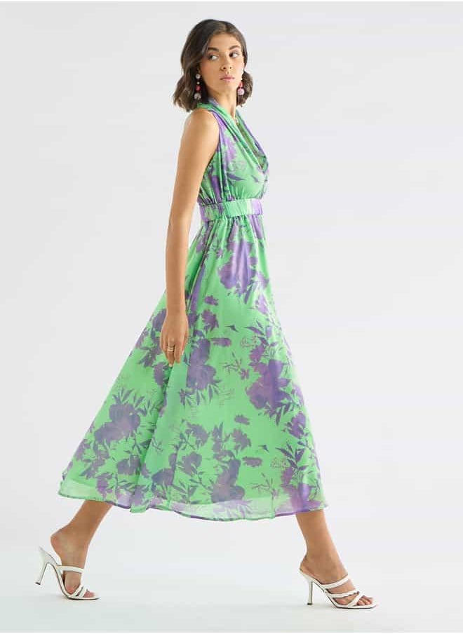 All-Over Floral Print Sleeveless Dress with Lapel Collar