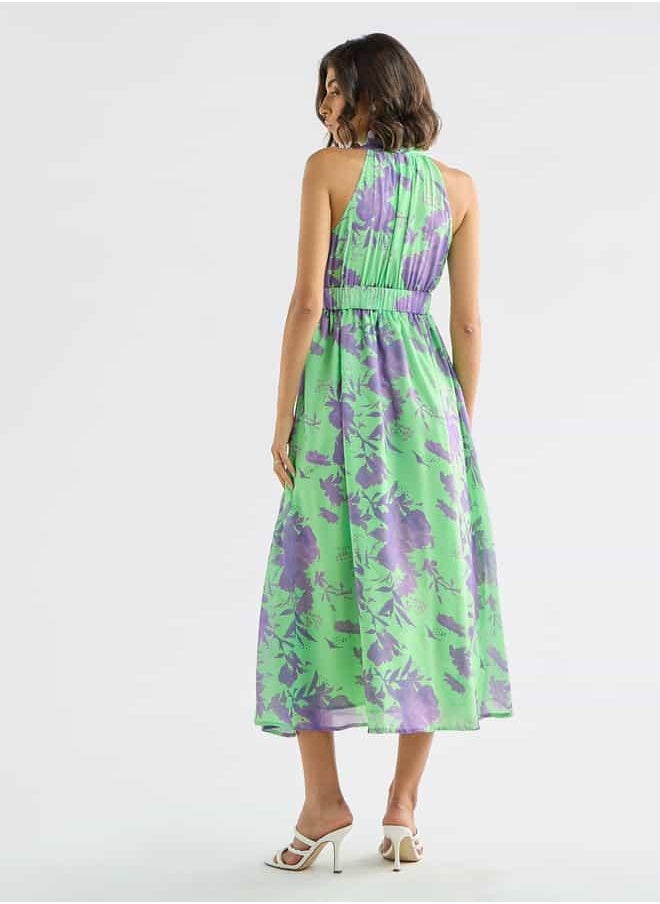 All-Over Floral Print Sleeveless Dress with Lapel Collar