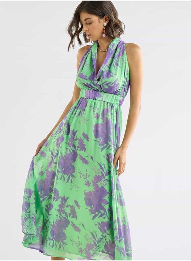 All-Over Floral Print Sleeveless Dress with Lapel Collar