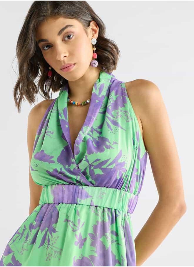 All-Over Floral Print Sleeveless Dress with Lapel Collar