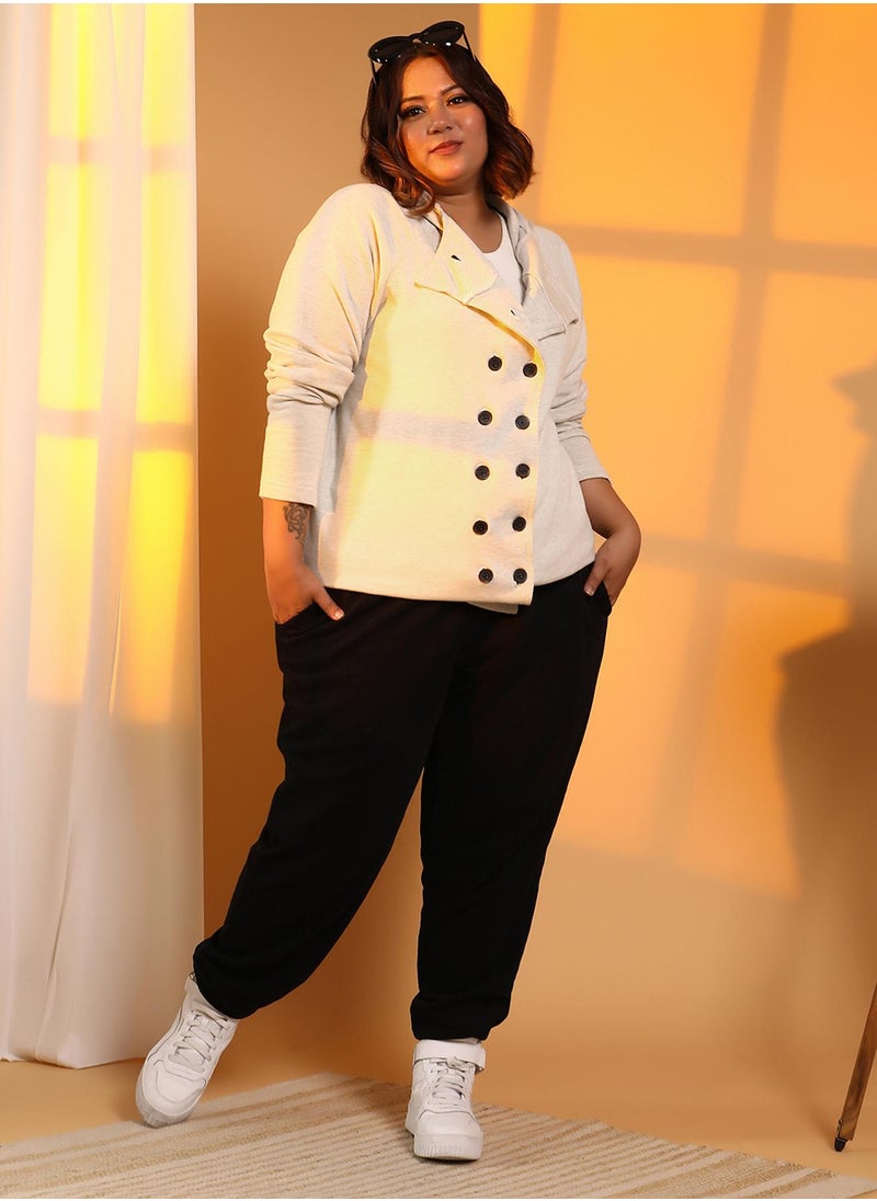 Women's Cloud Grey Double-Breasted Jacket For Casual Wear | Hooded Neck | Long Cuffed Sleeves | Button Closure | Plus Size Jacket Crafted With Comfort Fit For Everyday Wear