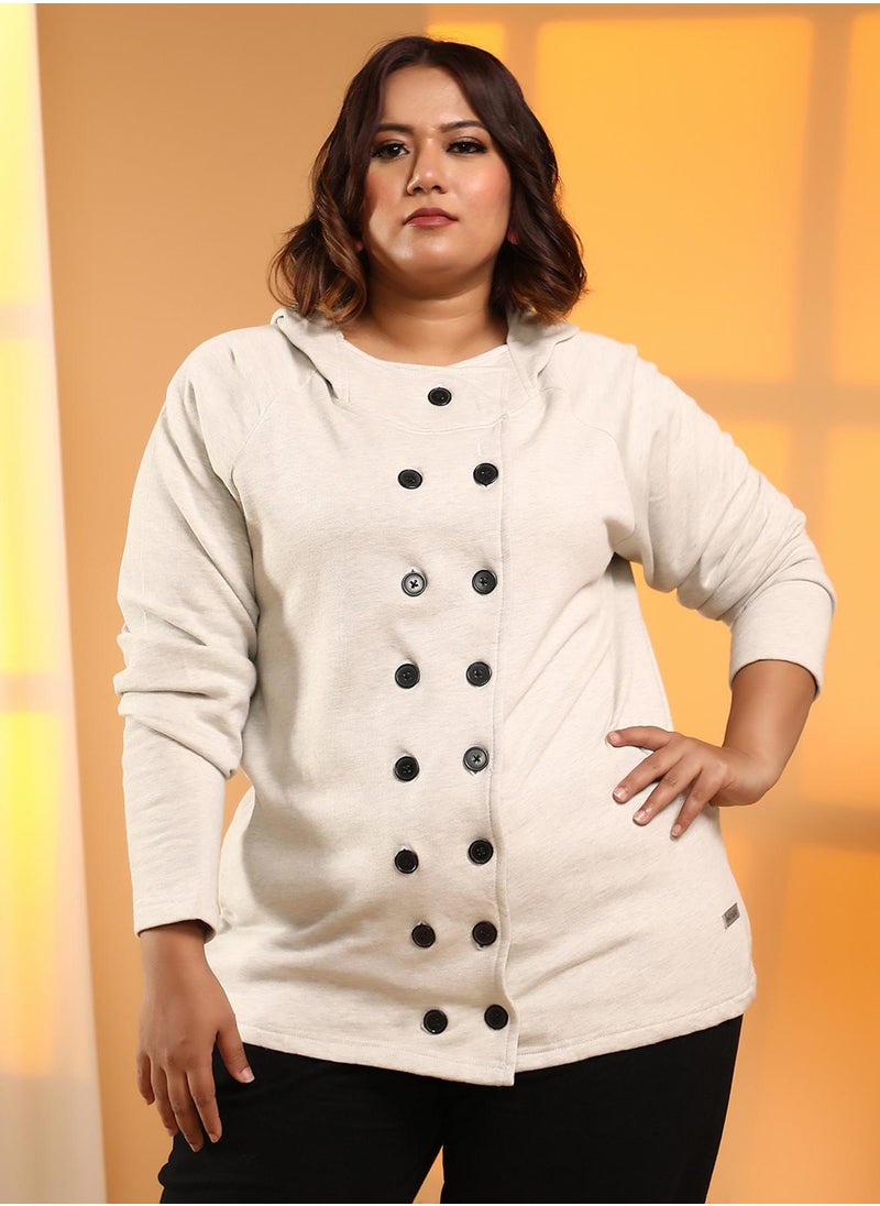 Women's Cloud Grey Double-Breasted Jacket For Casual Wear | Hooded Neck | Long Cuffed Sleeves | Button Closure | Plus Size Jacket Crafted With Comfort Fit For Everyday Wear