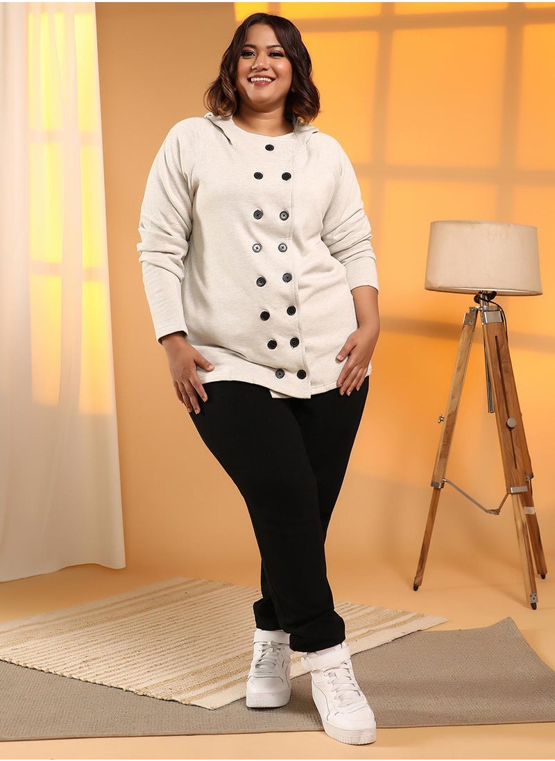Women's Cloud Grey Double-Breasted Jacket For Casual Wear | Hooded Neck | Long Cuffed Sleeves | Button Closure | Plus Size Jacket Crafted With Comfort Fit For Everyday Wear