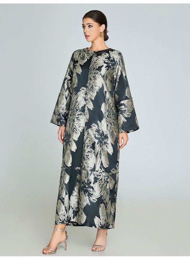 Elegant Floral Pattern Abaya Robe with Black Pearls
