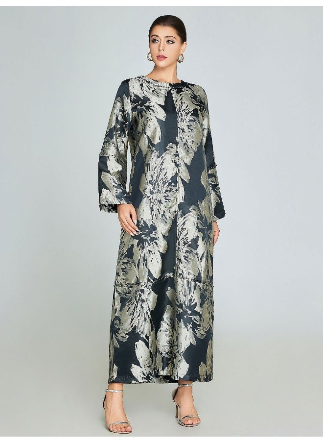 Elegant Floral Pattern Abaya Robe with Black Pearls
