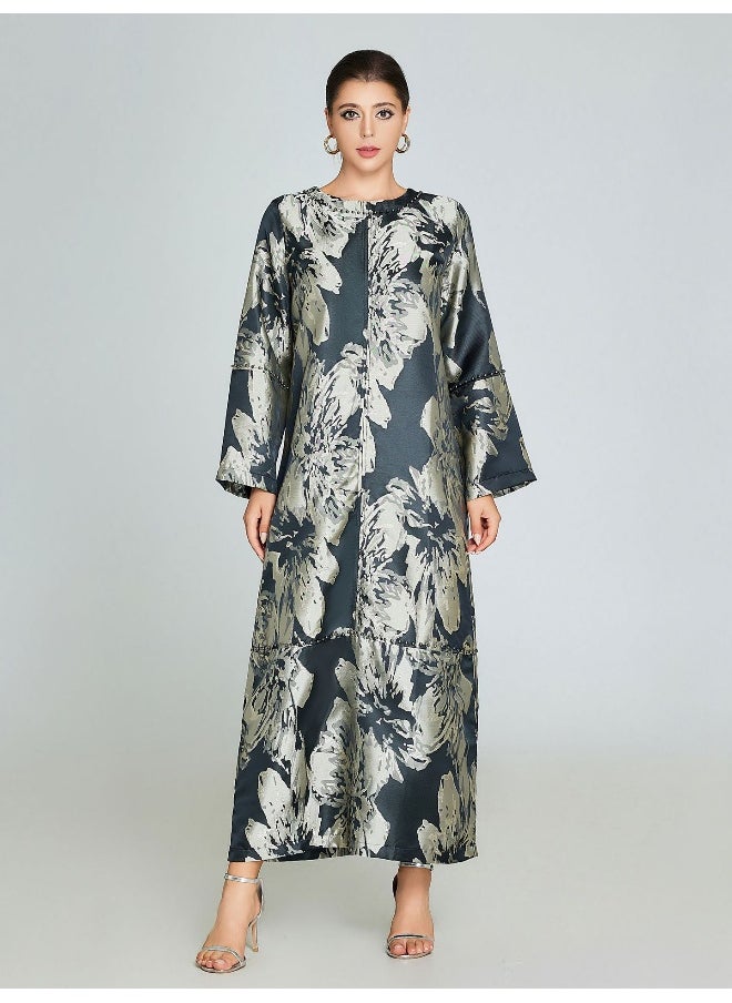 Elegant Floral Pattern Abaya Robe with Black Pearls