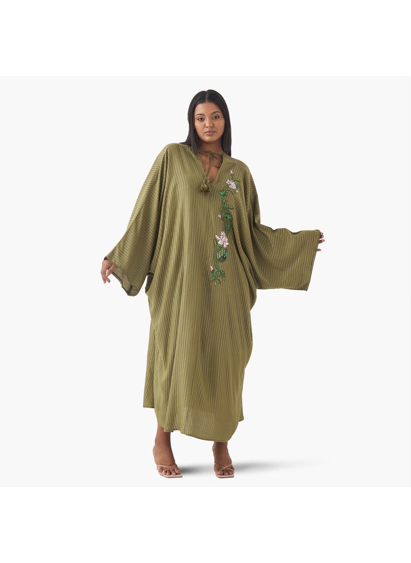 Plus Size Ulla Popken Floral Embellished Kaftan Dress with Tie-Up Neck
