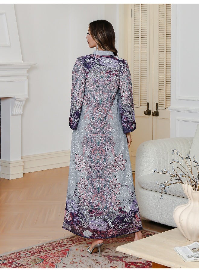 Elegant Long - sleeved Maxi Dress with Intricate Paisley Pattern in Soft Hues