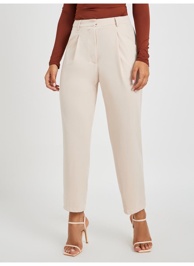 Styli Solid Pleated Tapered Fit Trousers with Belt Loops