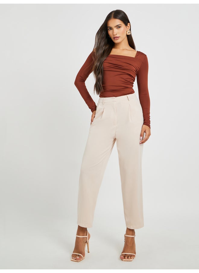 Styli Solid Pleated Tapered Fit Trousers with Belt Loops