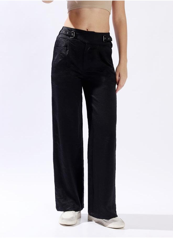 Women Trousers, Wide Leg, Solid, Black, in 100% Polyester, Zip closure, Woven weave, High-Rise waist, perfect for Casual. Stay ahead of the trend!