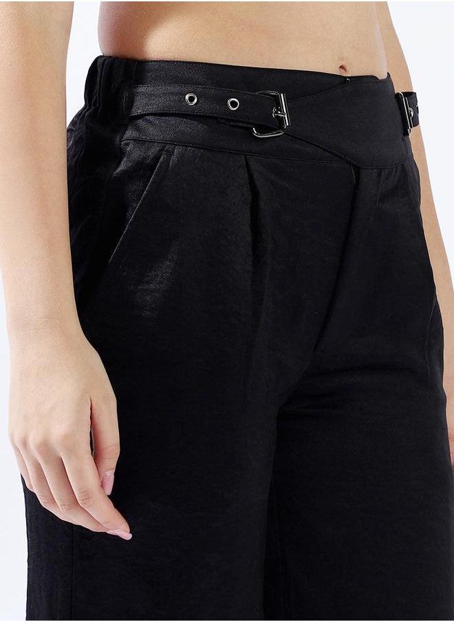Women Trousers, Wide Leg, Solid, Black, in 100% Polyester, Zip closure, Woven weave, High-Rise waist, perfect for Casual. Stay ahead of the trend!