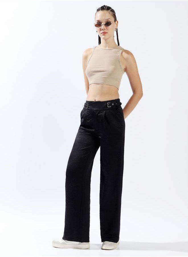Women Trousers, Wide Leg, Solid, Black, in 100% Polyester, Zip closure, Woven weave, High-Rise waist, perfect for Casual. Stay ahead of the trend!