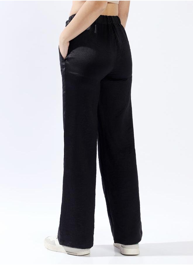 Women Trousers, Wide Leg, Solid, Black, in 100% Polyester, Zip closure, Woven weave, High-Rise waist, perfect for Casual. Stay ahead of the trend!