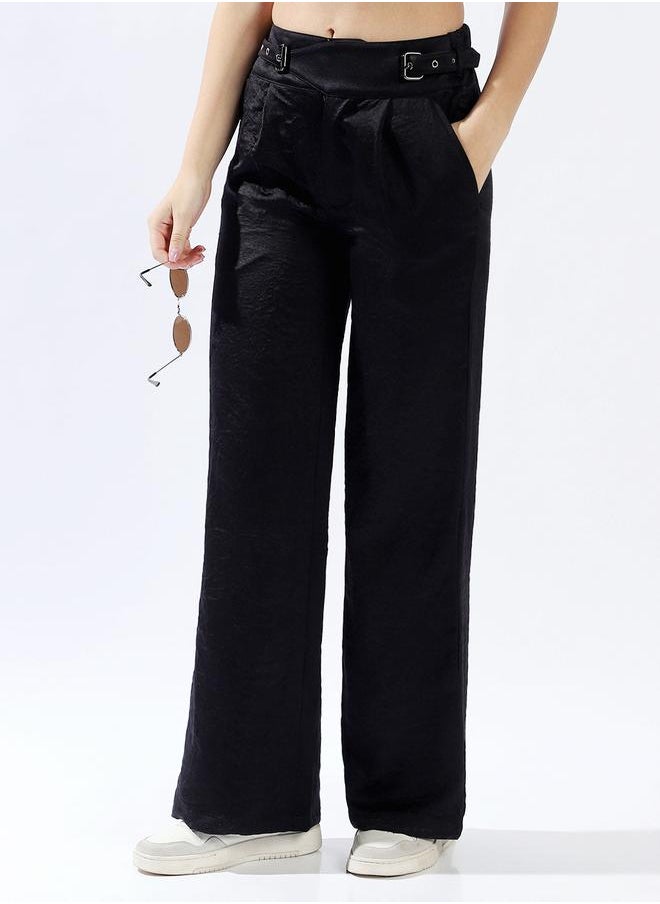 Women Trousers, Wide Leg, Solid, Black, in 100% Polyester, Zip closure, Woven weave, High-Rise waist, perfect for Casual. Stay ahead of the trend!